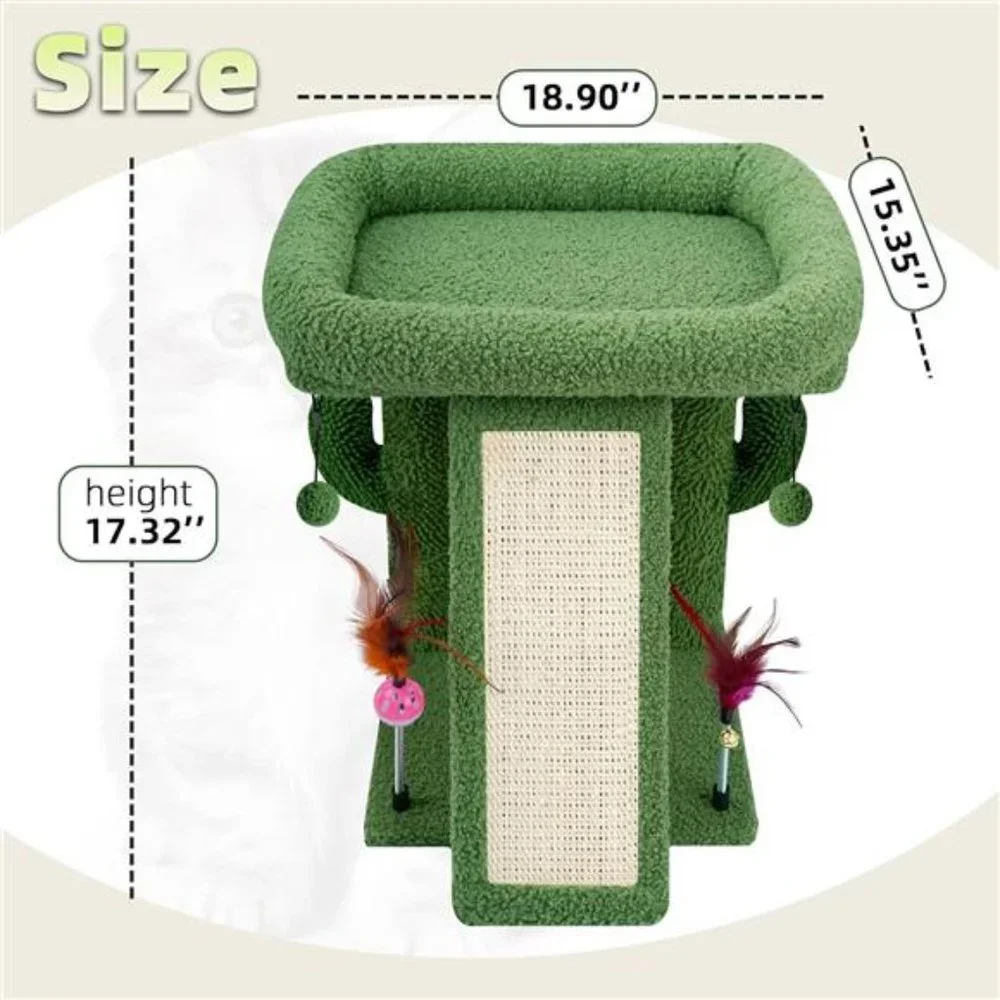 Cactus Cat Tree Tower with Cat Scratching Post with Playful Toy Balls, Green